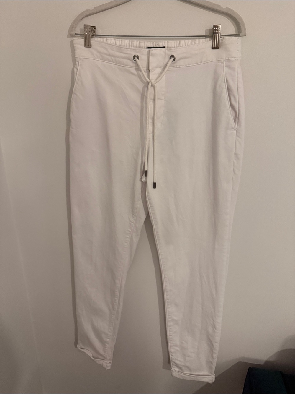 PAIGE Fraser Pant - White Drawstring Denim Joggers, Size 33, MSRP $199